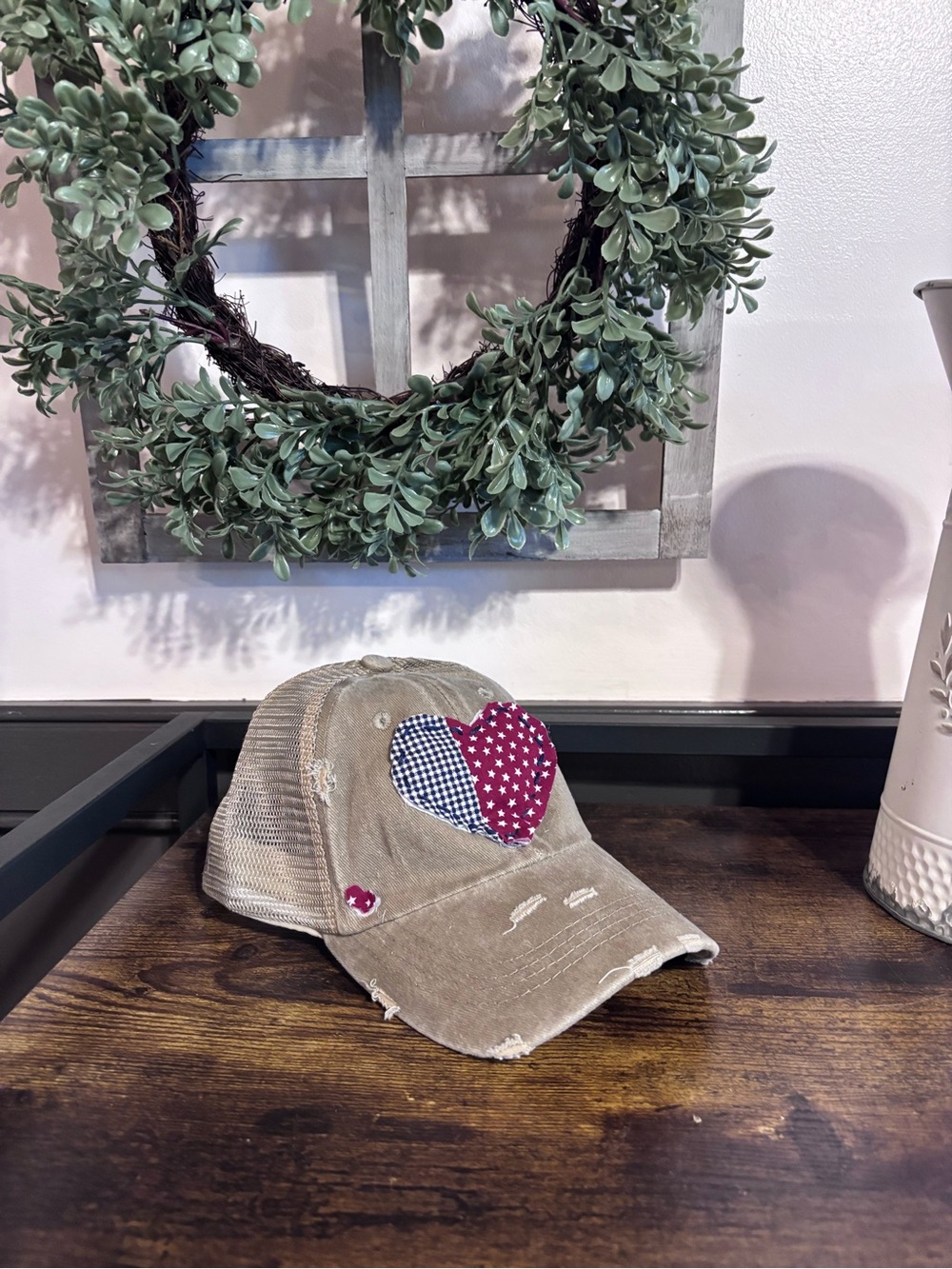 Distressed Tan Mesh Back Baseball Cap with Heart Patch